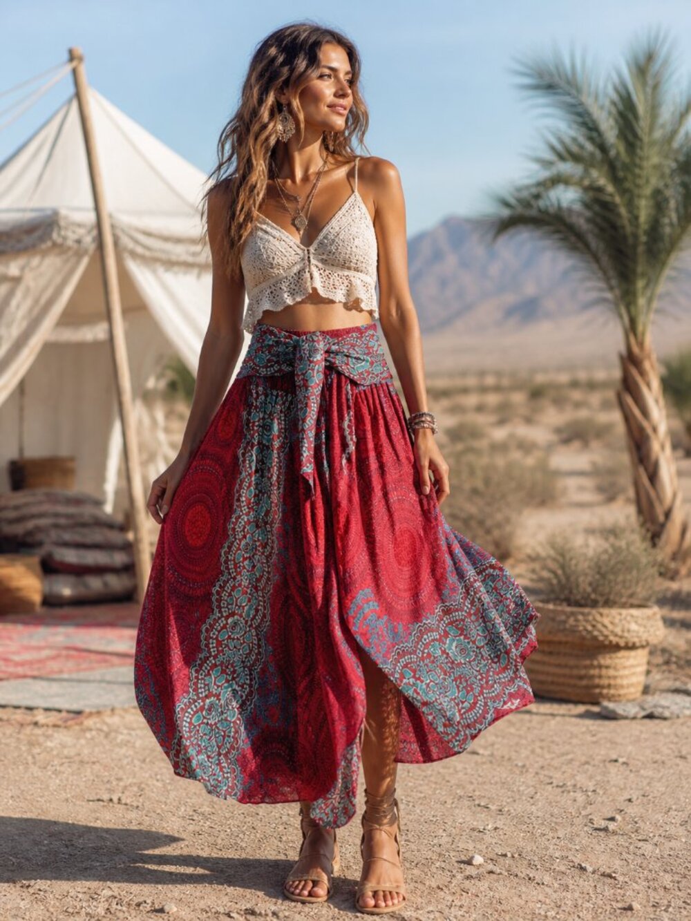 Festival Boho Midi Skirt Paisley Smocked Waist Flowy Hippie Beach Vacation Vibes